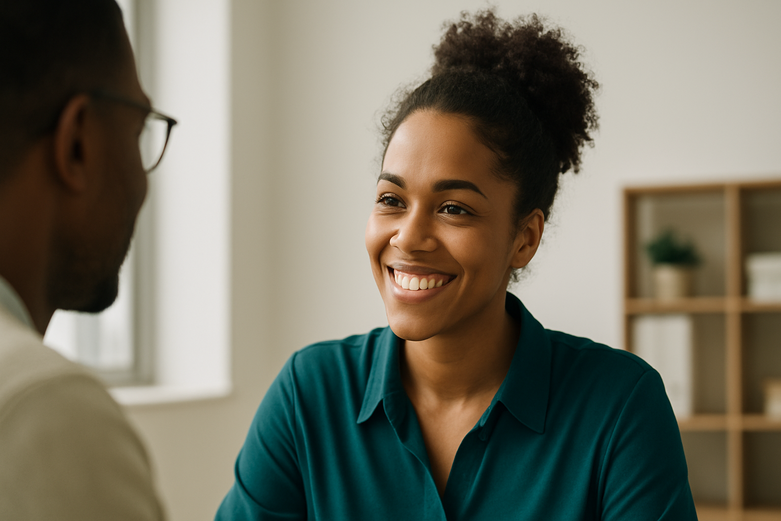 Professional consultation - woman smiling during debt relief meeting